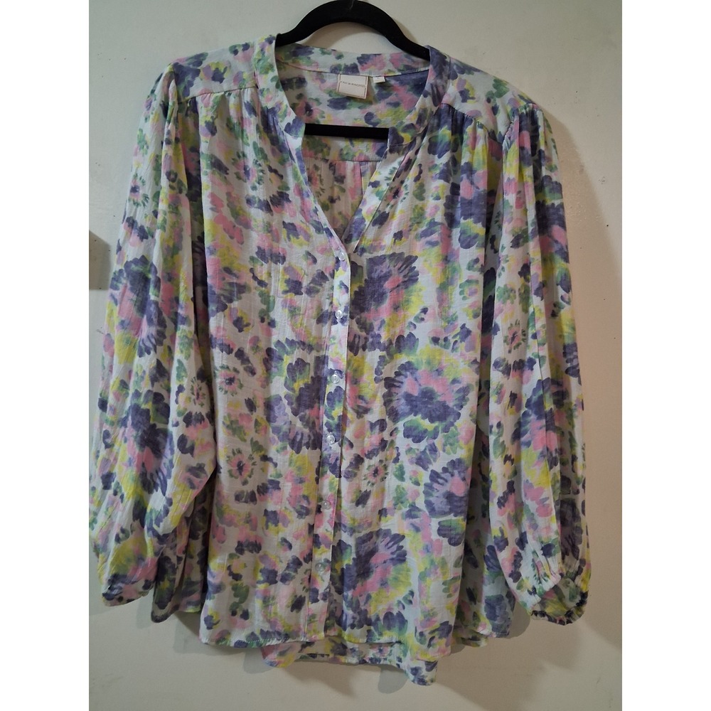 Zac & Rachel Floral Watercolor Button Down Blouse Multi Large Balloon Sleeve